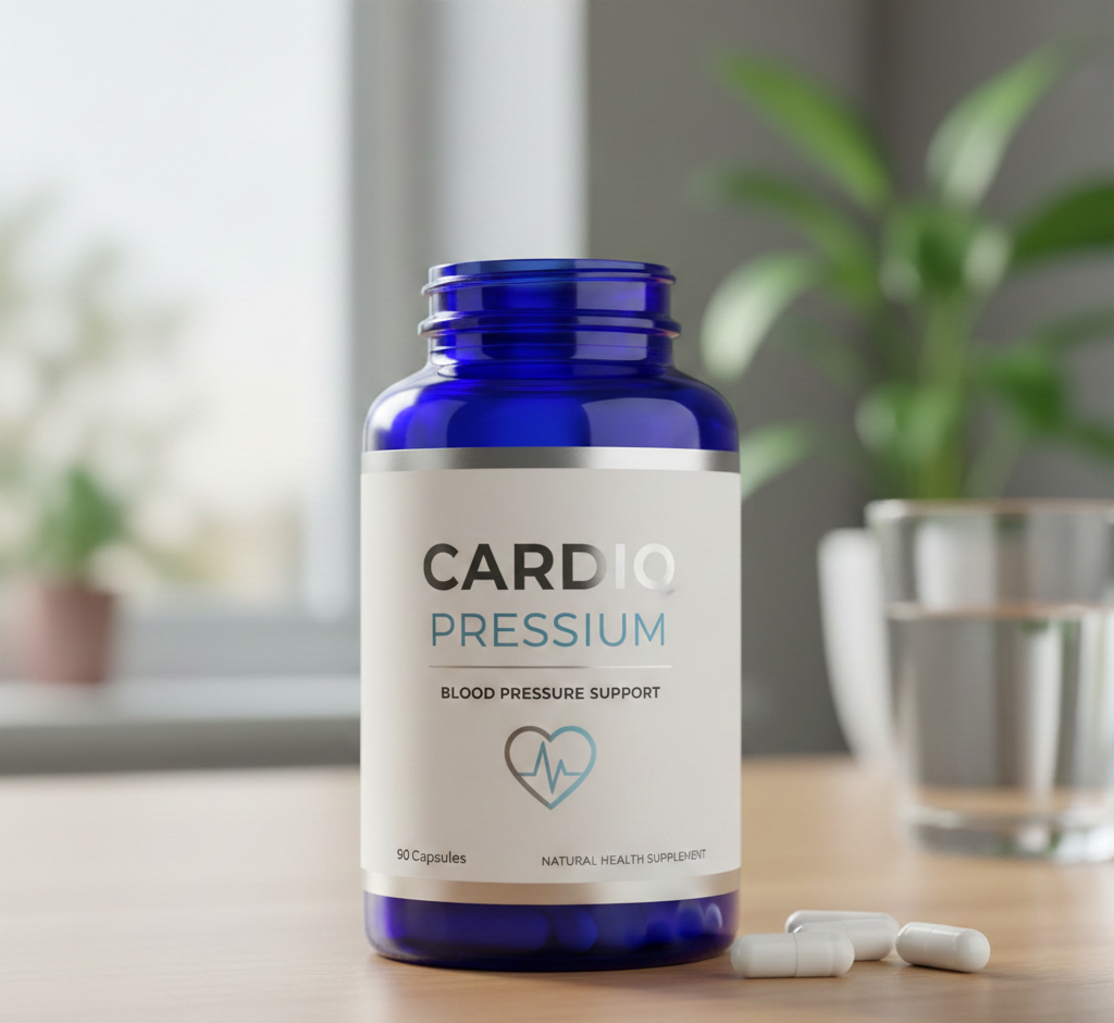 Moderní lahvička s přírodním doplňkem stravy Pressium od značky sklant na bílém pozadí, profesionální produktová fotografie s čistým designem a elegantním obalem